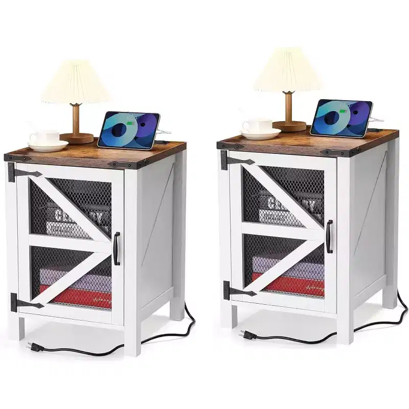 2-Piece Farmhouse Nightstand Set, 18 Barn Door End Tables with Storage, Rustic Wood Sofa Side Tables for Bedroom or Living Room, White & Brown