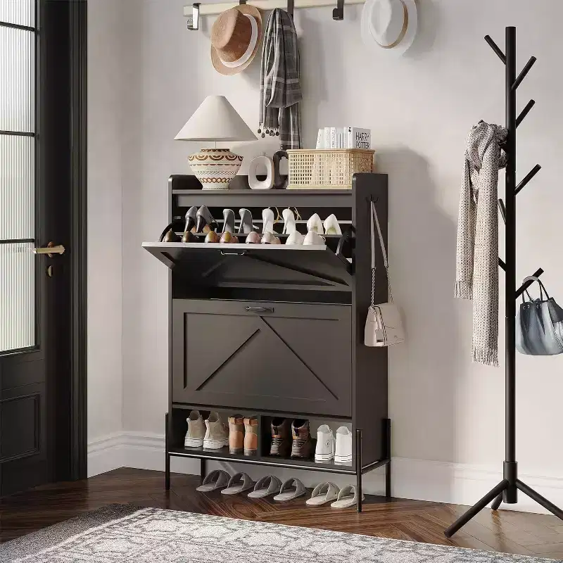 Shoe Cabinet with 2 Flip Drawers - Freestanding Storage Organizer for Entryway, Narrow Shoe Rack Cabinet, Dry and Wet Separation with Metal Legs