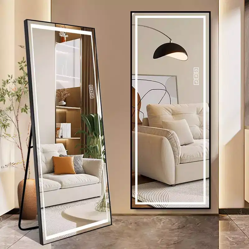 Modern Full Length Mirror with Adjustable LED, Wall Mounted & Freestanding Body Mirror for Living Room, Black