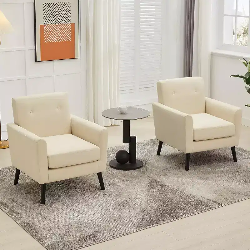 Accent Chair with Linen Fabric, Upholstered Armchair with Wood Legs & Thick Cushion