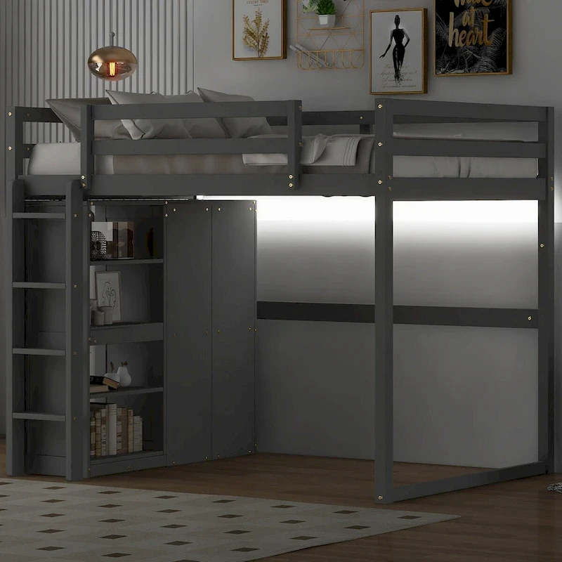 Modern Full Size Loft Bed with Built-in Wardrobe and Storage Shelves