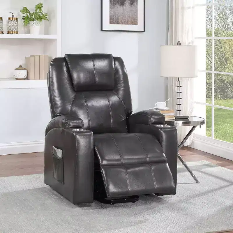 Power Lift Recliner Sofa with Cup Holders, Gunmetal Leather Aire, Pocket Coil Support
