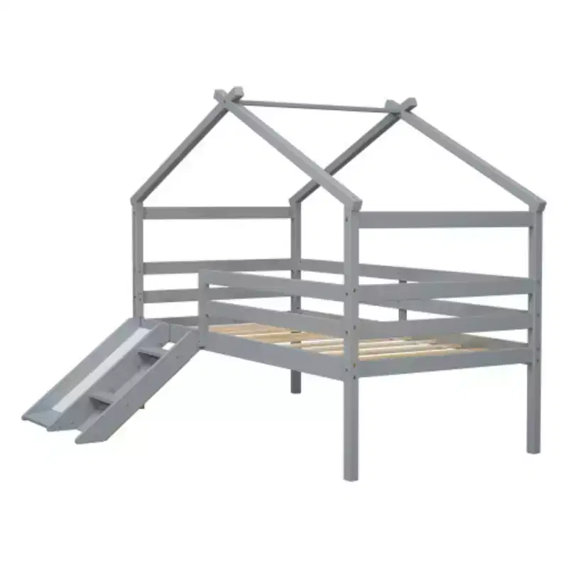 Youth Loft Bed with Slide, Access Ladder, and Guard Rails, Complete with Playhouse-Style Roof