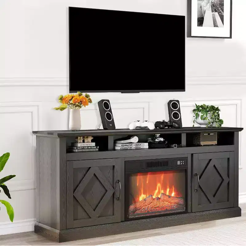 Farmhouse Fireplace TV Stand for 80Inch TV, 67 Tall Highboy Entertainment Center w/Electric Fireplace, Media Console w/Side Cabinets for Living Room