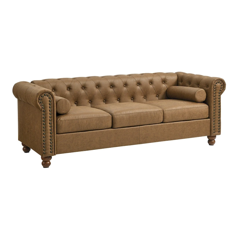 Brown 74.5 Fabric Upholstered Chesterfield Sofa with Tufted Backrest, 2 Headrests, and Sponge Cushions