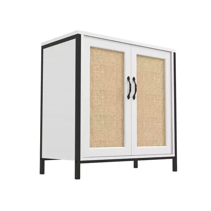 Rattan Storage Cabinet, White Sideboard Buffet with Storage Spacious with 2 Rattan Decorated Doors, Storage Cabinet for Dining Room, Living Room