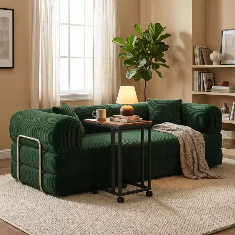 FurnitureR Convertible Sofa Bed with Rolling Side Table Set, Modern Corduroy Couch with Movable Snack Table for Living Room, Apartment, Small Space