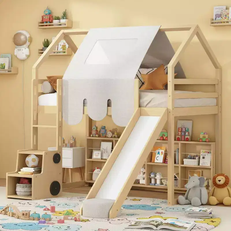 Loft Playhouse Bed with Slide, Tent Canopy & Built-in Storage