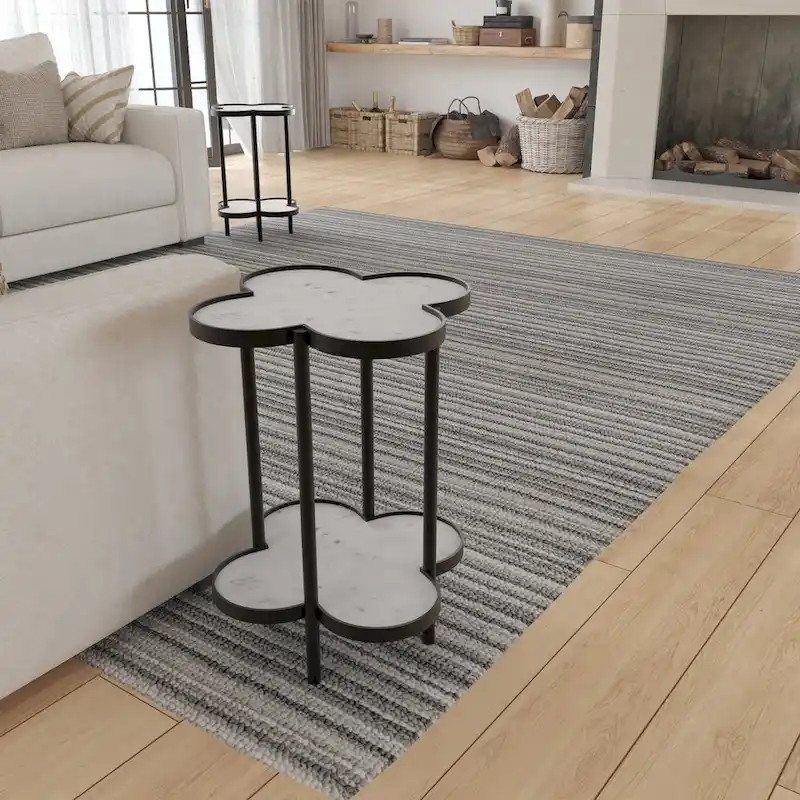 Chloe Side End Table, White Genuine Marble Clover Shape Top With Black Iron Frame