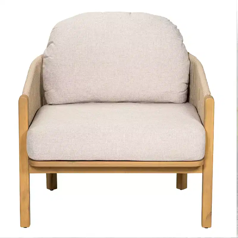 ModernLuxe Outdoor Rope Club Chair Patio Armchair Modern Accent Chair, Weather-Resistant Acacia Wood Frame & Cushion (Set of 1/2)