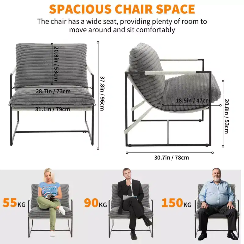 Sling Accent Chair with Metal Frame, Upholstered Living Room Chair with Foam Cushioning