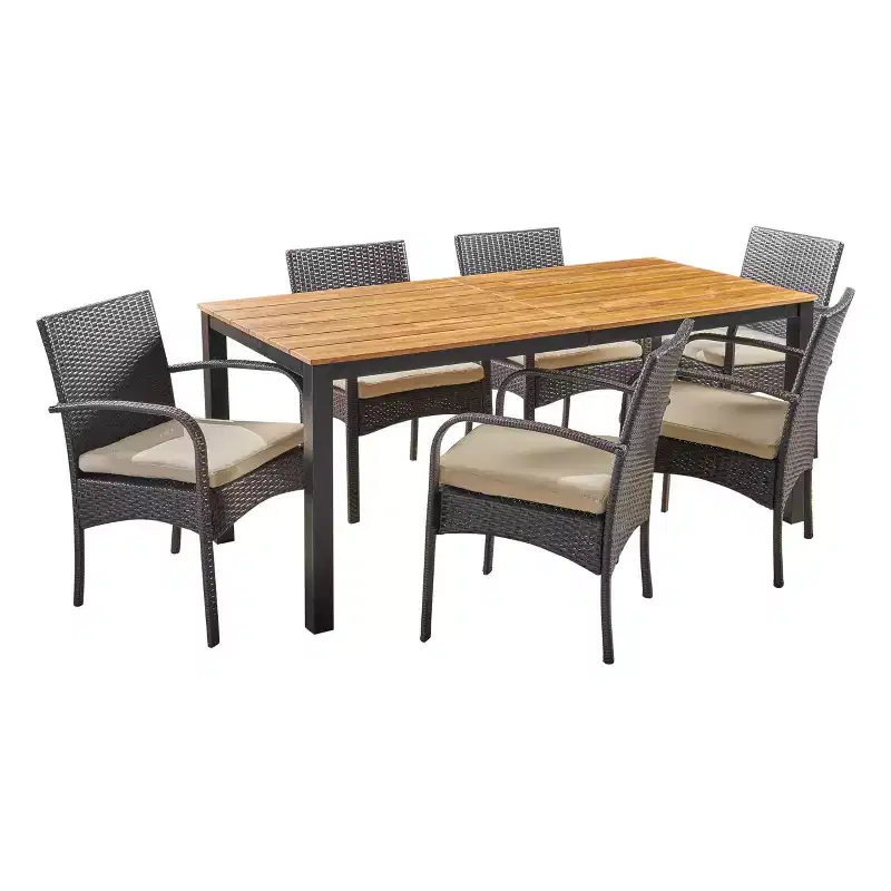 Christopher Knight Home Ballard Outdoor Wicker and Acacia Wood 7 Piece Dining Set with Cushion, Teak/Multibrown