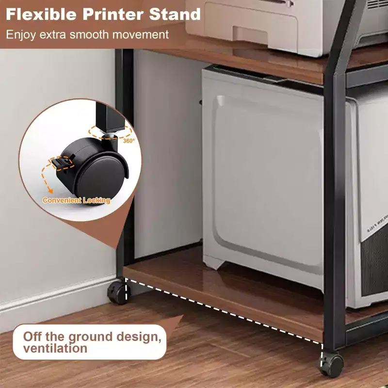 Acekool 3 Tier Printer Stand on Wheels, Mobile Printer Table with Storage Shelves, Rolling Printer Cart for Home Office