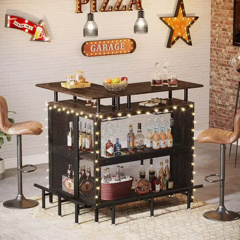 2-Tier L-Shaped Home Bar Unit – Stemware Racks, Open Shelves, Metal Mesh
