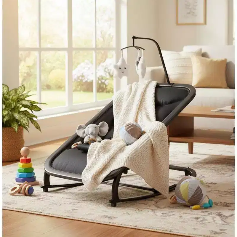 Baby Rocking Bassinet  Infant Swing with Safety Harness & Hanging Toys, Black Soft Padded Newborn Lounger for Babies & Toddlers