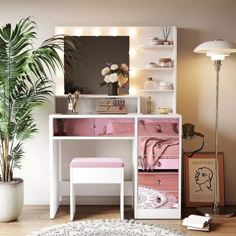 GDFStudio Madison Modern Glass-Top Wood Makeup Vanity Desk Set with Storage Stool, LED Lighted Mirror, Drawers and Charging Station