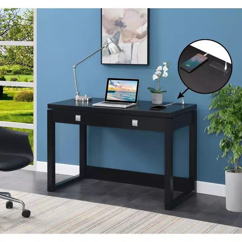 2-Drawer Desk with Charging Station, Espresso/Black, MDF, Home Office