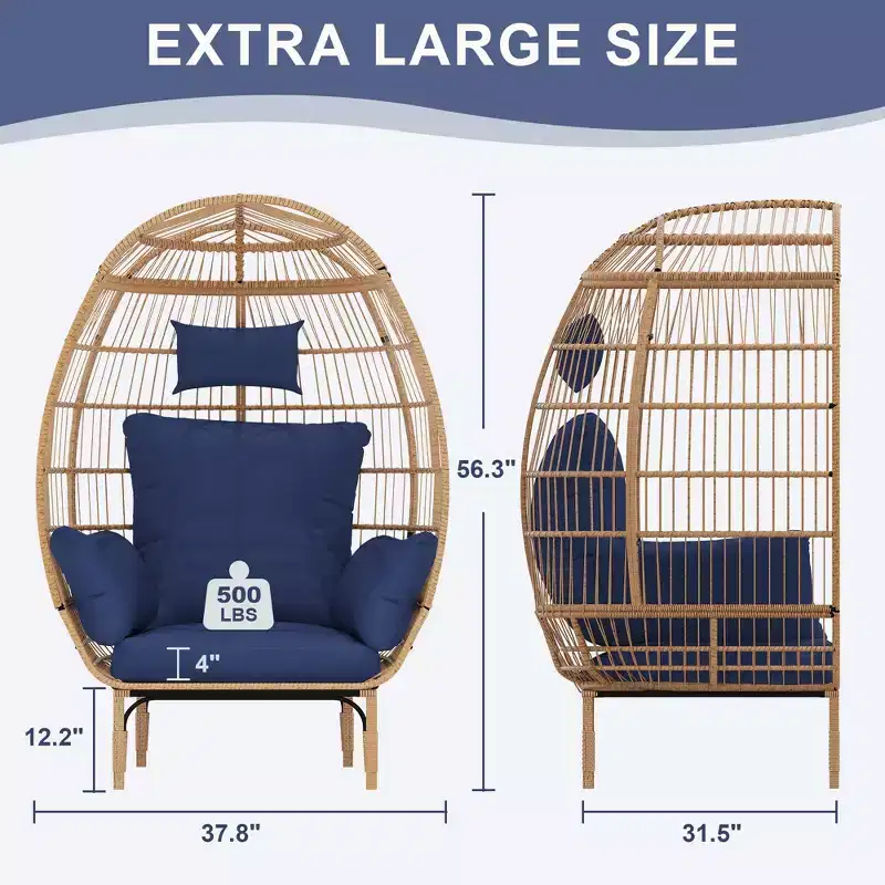 Oversized Wicker Egg Chair 500LBS, All-Weather Rattan Hanging Lounge Chair with 5 Cushions, Indoor Outdoor Patio Egg Chair for Backyard
