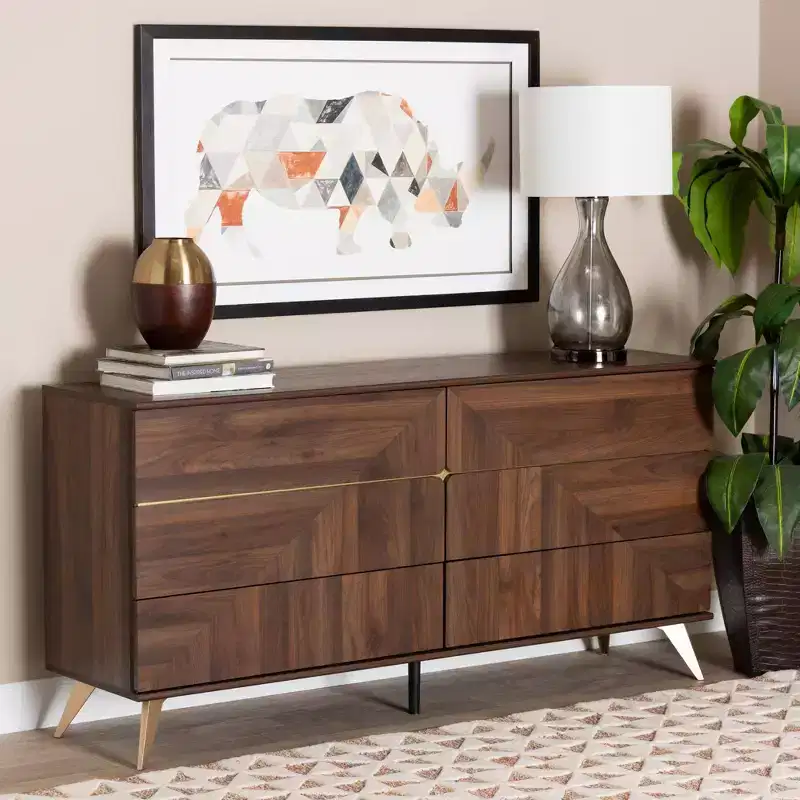6-Drawer Mid-Century Dresser – Walnut Brown & Gold, Geometric Grain, Angled Legs