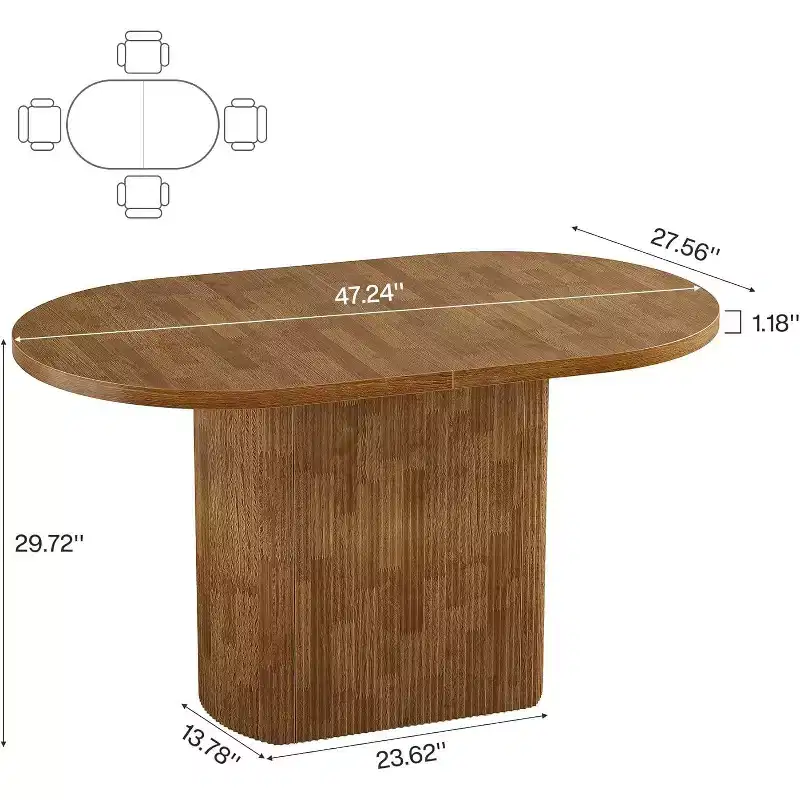 47.24 Inch Oval Dining Table, Rustic Wooden with Wooden Base, Seats 4, for Dining Room, Kitchen, Living Room, Brown