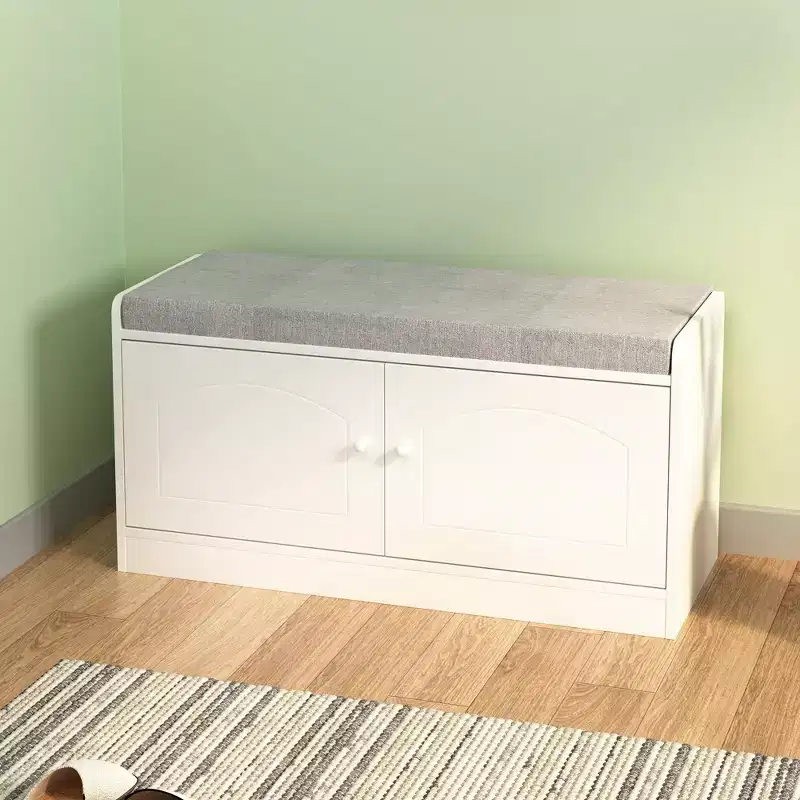 2-Tier Shoe Storage Bench with Padded Cushion, Barn Door Entryway Bench with Adjustable Shelf for Living Room Bedroom