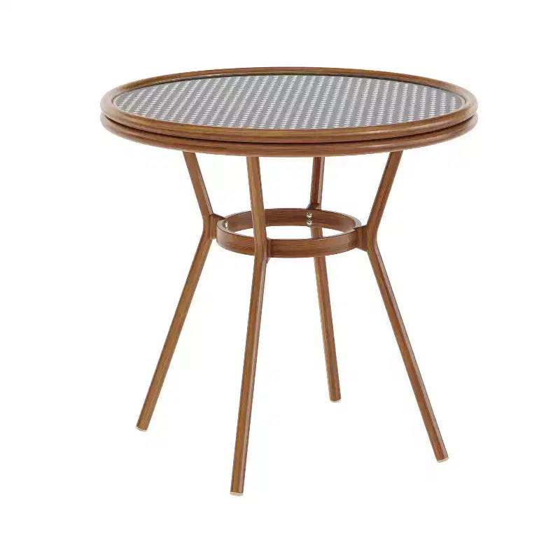 Emma & Oliver Colmar Indoor/Outdoor Bistro Style 31.5 in. Table with PE Rattan, Glass Top, and Bamboo Finished Metal Frame