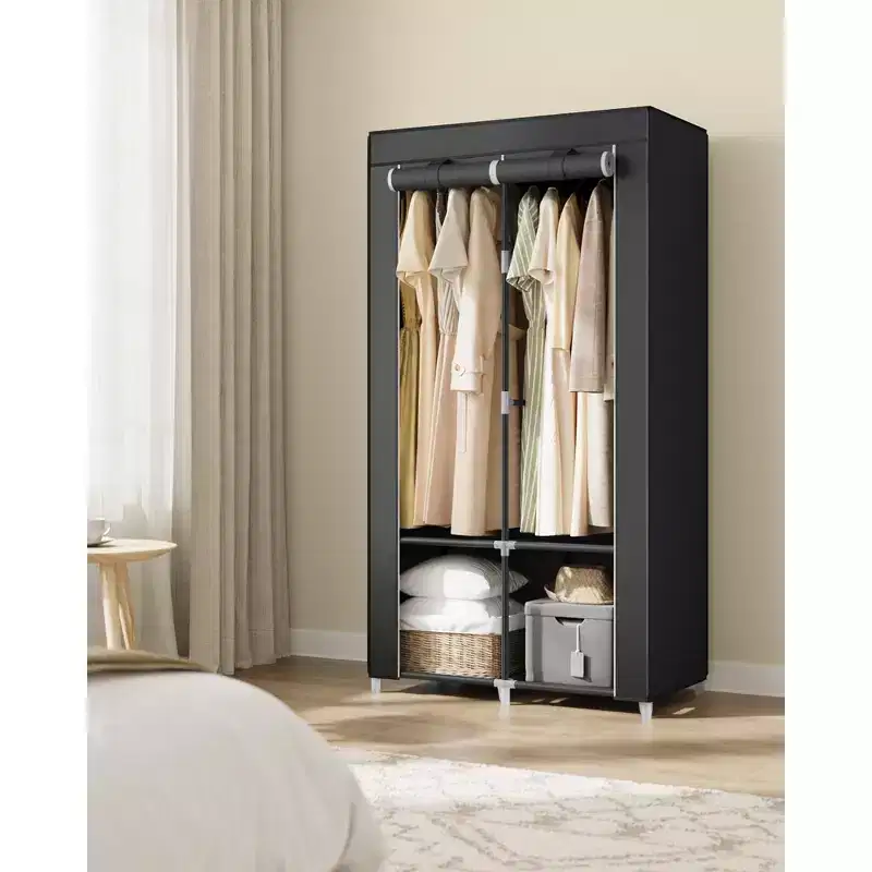 SONGMICS Portable Closet, Wardrobe Closet Organizer with Cover, 2 Hanging Rods and Shelves, 4 Side Pockets, Large Capacity, Ink Black