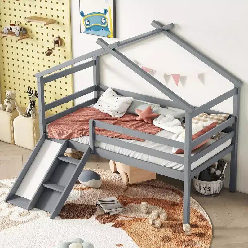 81.7IN Low Twin Kids Loft Bed with Slide, Twin Bed with Ladder, Safety Guardrails and House Roof Frame, Bed Frames for Kids Room