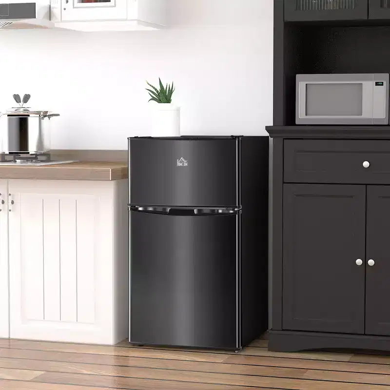 HOMCOM Double Door Mini Fridge with Freezer, 3.2 Cu.Ft Compact Refrigerator with Adjustable Shelf, Adjustable Thermostat and Reversible Door, Black