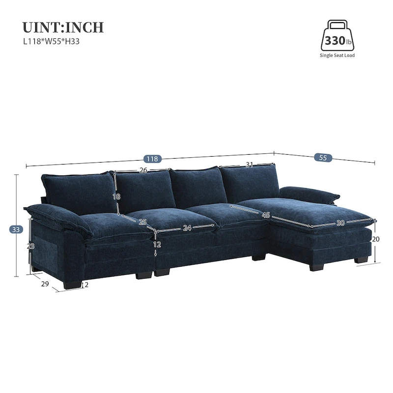 Modern 5-Seat L-Shaped Cloud Sleeper Sofa Couch with Chaise Lounge with Double Seat Cushions