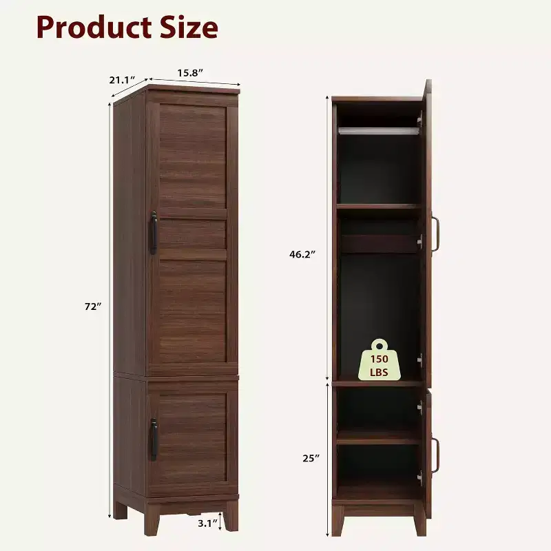 Double-door wardrobe with hanging rod, 72-inch narrow and tall wardrobe with 18 adjustable shelves.