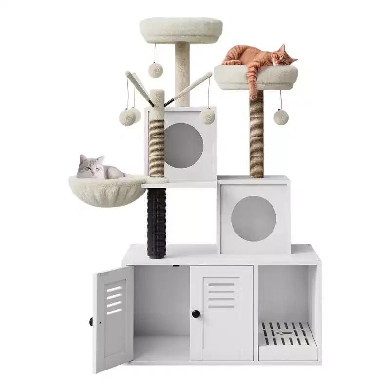 Multi-Level Wooden Cat Litter Tray Cabinet with Scratching Post & Cat Cave, Hidden Cat Litter Furniture with Sisal Scratching Post, Cuddling Place
