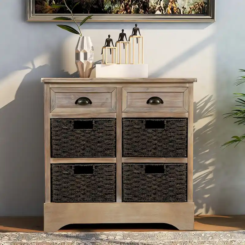 Storage Cabinet with 2 Drawers and 4 Rattan Baskets