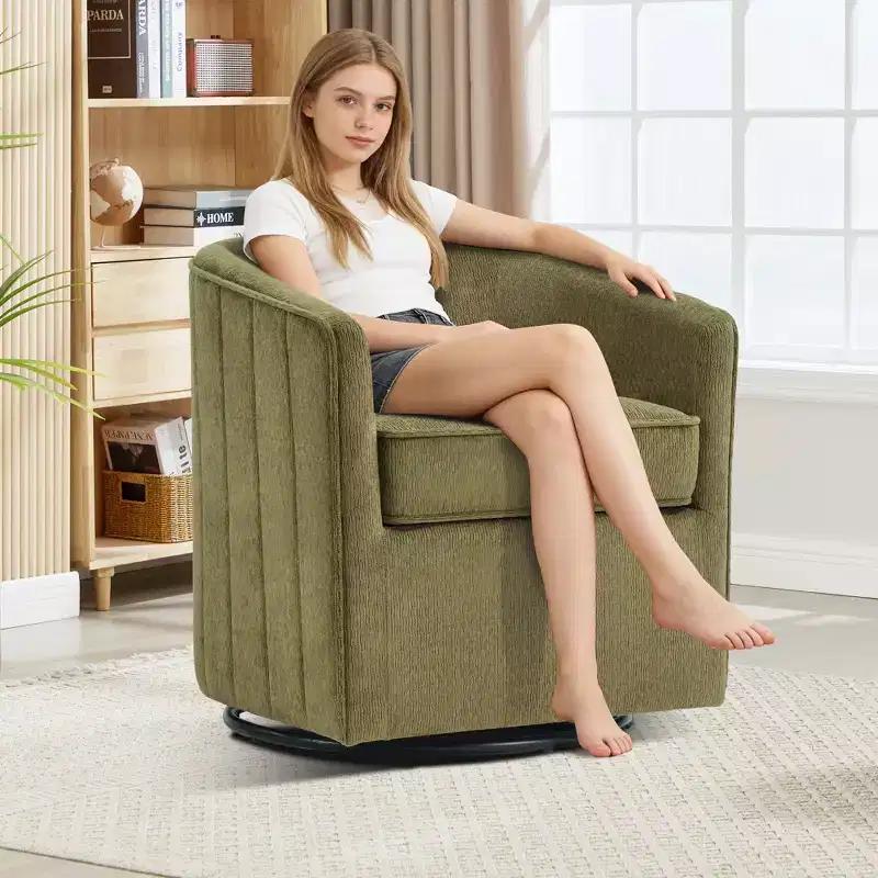 Bestier Swivel Accent Chair with Ottoman Set, Barrel Club Chair with Simple Line Design for Living Room Bedroom, Round Reading Chair