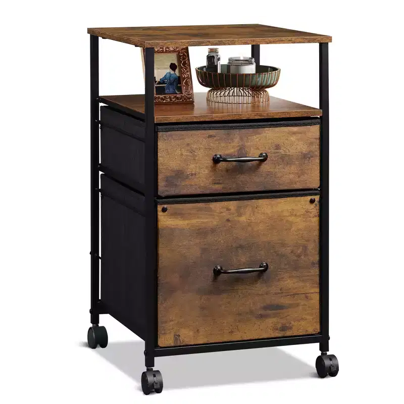 Filing Cabinet 2 Drawer Mobile with Open Storage Shelf, Rolling Printer Stand for Home Office, Fits A4 Size, Rustic Brown Wood Grain