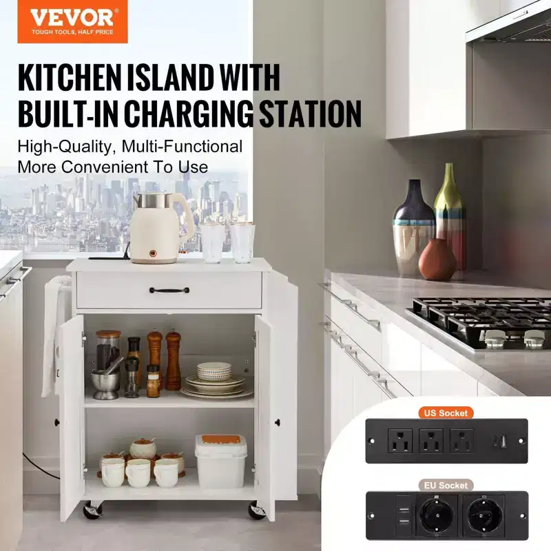 Kitchen Island Cart Rolling Storage Cabinet on Wheels with Charging Station, White