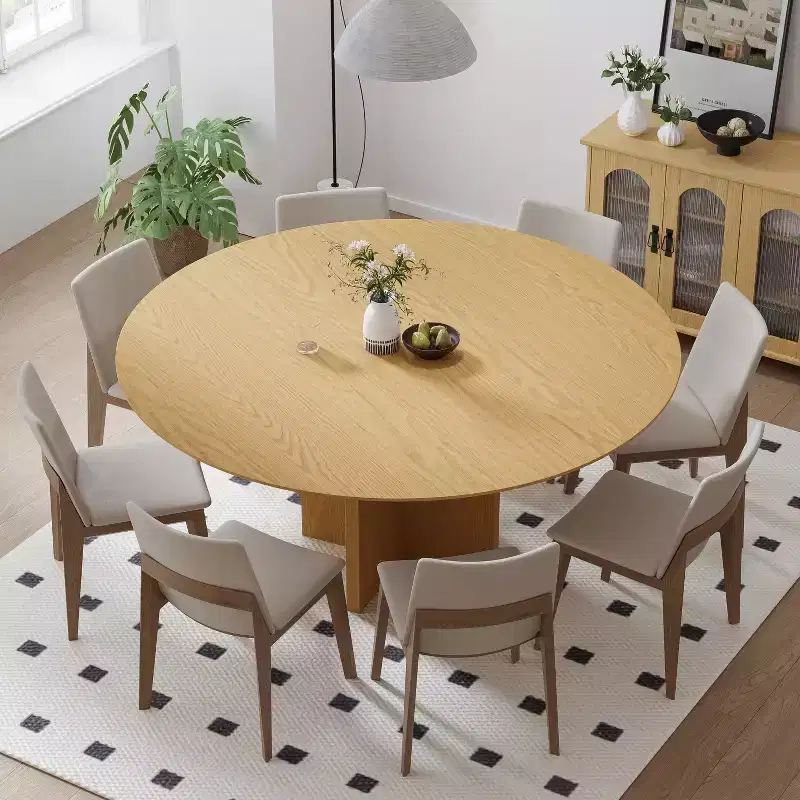 59 x 59 Solid Wood Round Dining Table with Natural Finish and Elegant Arched Legs for Modern Dining Rooms & Kitchens