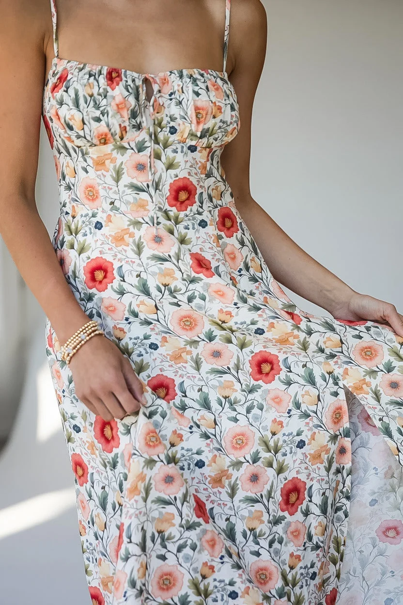 Cream Floral Sweetheart Spaghetti Strap Maxi Dress