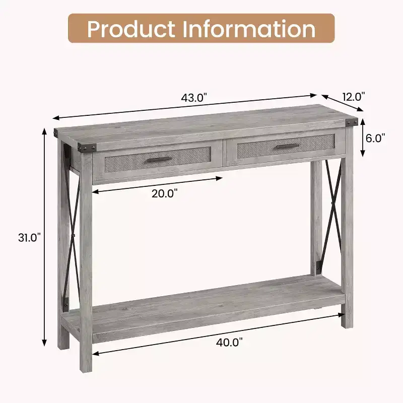 43 Retro Farmhouse Console Table with 2 Drawers, Wood Grain MDF and Metal Frame, Rectangular Entryway Table