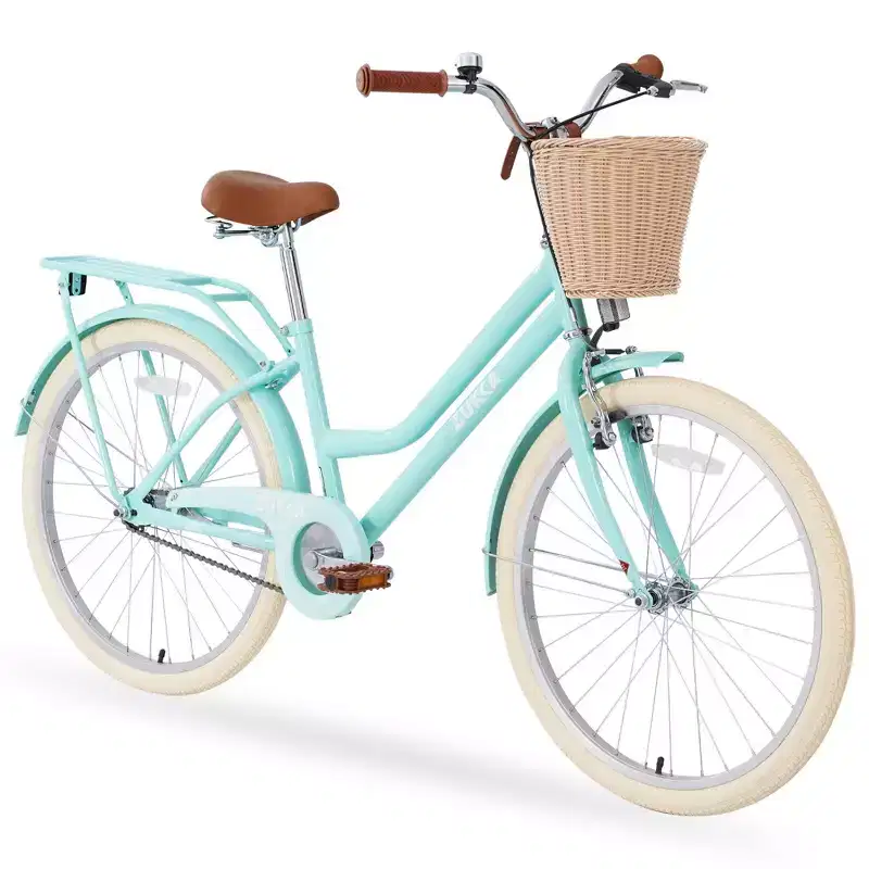 NAYSAYE 24 Inch Girls Cruiser Bike Speed Hybrid City Bicycle for Youth 7-10+ Years Old with Wicker Basket & Rear Rack, Kids Cycle Bikes