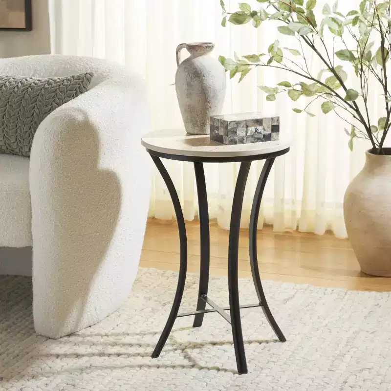 Round Iron and Marble Accent Table - Beige & Black