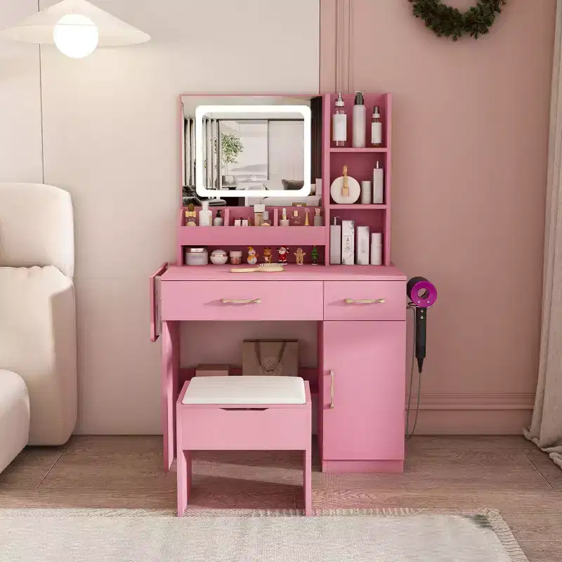 Okak Vanity Desk with LED Mirror and Power Outlet, Makeup Vanity with 3 Drawers and 7 Shelves, Vanity Set with Storage Stool for Bedroom