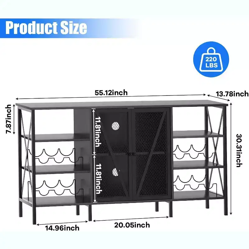 55 Inch Farmhouse Wine Bar Cabinet with Metal Frame, Rustic Industrial Design with Wine Rack and Glass Holder, Multi-Purpose Storage for Living Room