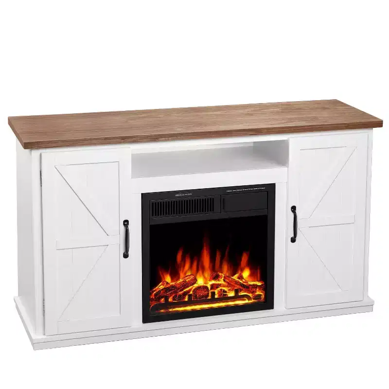 R.W.FLAME 48'' Electric Fireplace with Wood Mantel Storage,Pearl Freestanding Fireplace Mantel with Log Lockers & Remote Control, Adjustable Led Flame