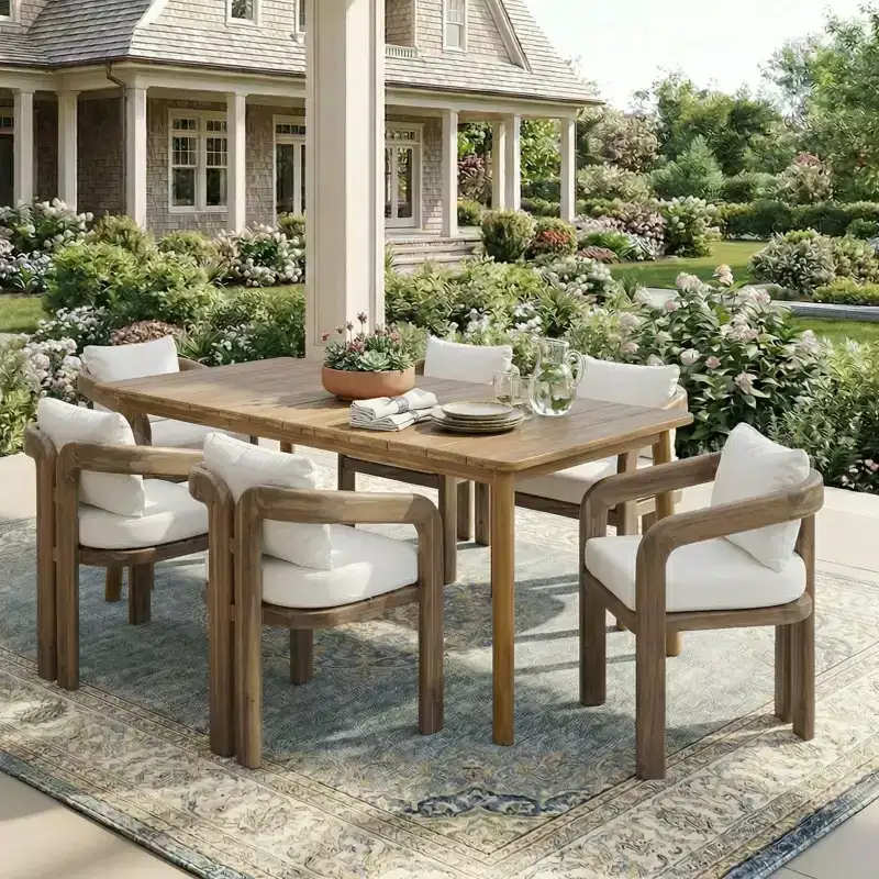 Christopher Knight Home Kesden 7 Piece Rustic Outdoor Acacia Wood Dining Set with Curved Backrest Chairs