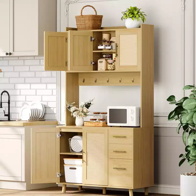 Freestanding Hutch with Drawers,Rattan Pantry Cabinet,Doors and Hooks for Living Room, Dining Room