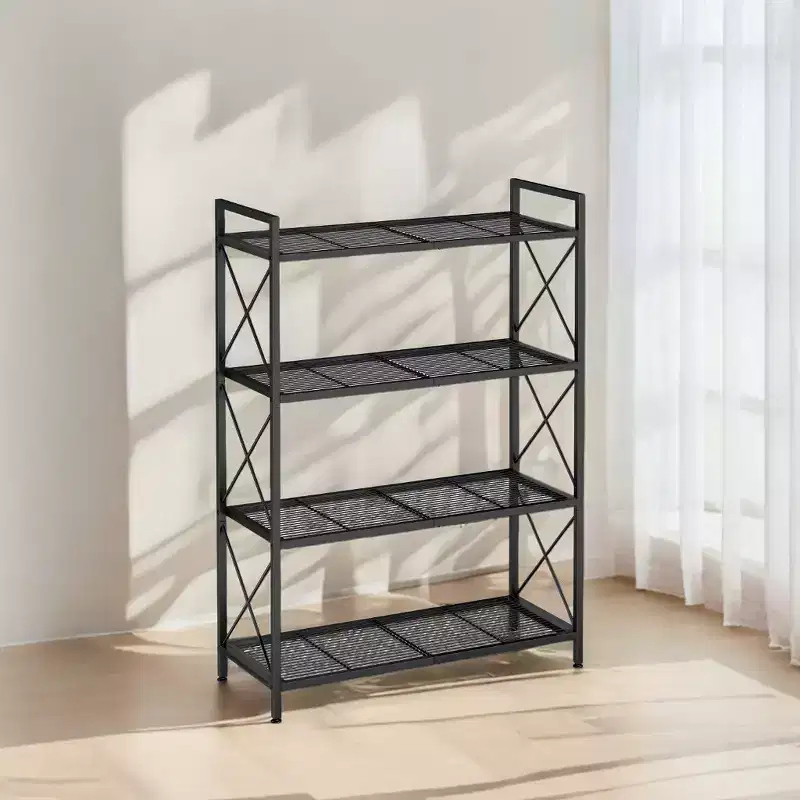LEDREM Ink Black 4 - Tier Metal Storage Rack with X Side Frames and Dense Mesh, Sized 12.6 x 31.5 x 44.3 Inches. Ideal Industrial Style Shelving Unit