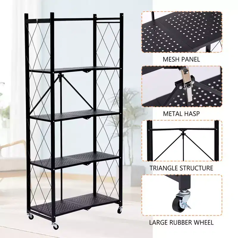 Foldable Storage Shelf 5-Tier with Wheels 750 lbs Capacity No Assembly Steel Rack Black