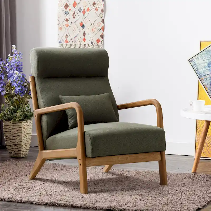 Upholstered Linen Blend Accent Chair with Wooden Legs and One Pillow
