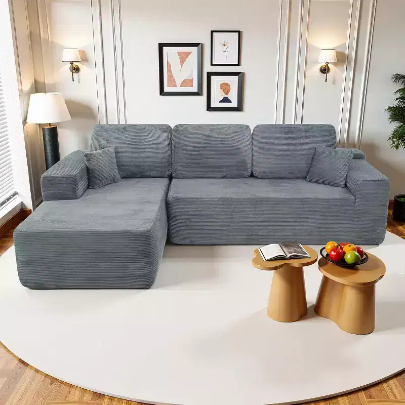 MooxvMoo 105 Modular Sectional Sofa with Throw Pillow & Deep Seat,No Assembly Required,Comfy Corduroy L Shaped Couch with Chaise,Gray